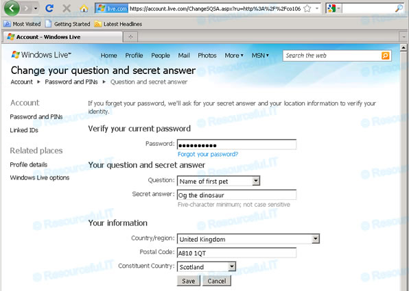 Hotmail security question change